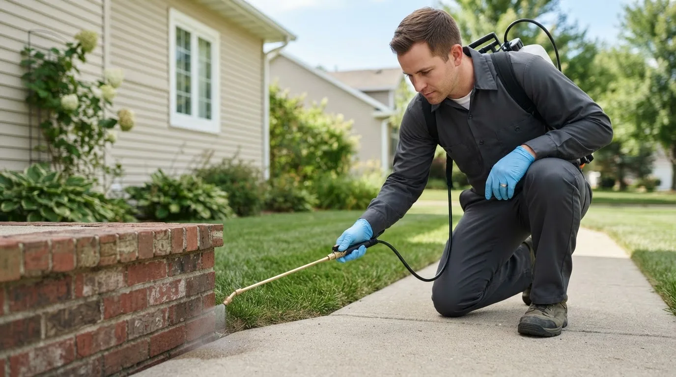 Pest control technician treating a home near Perryopolis, PA