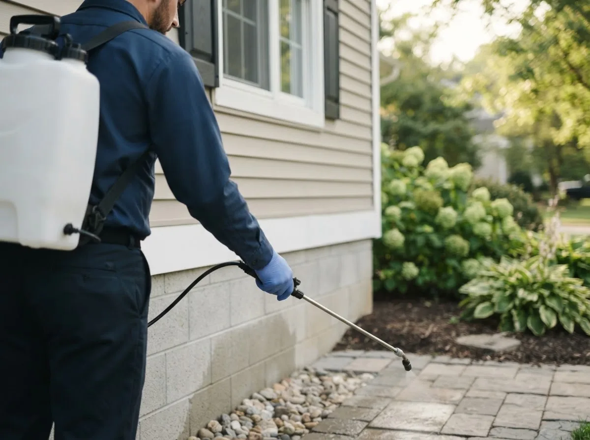 Pest control technician inspecting a home in Perryopolis, PA
